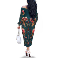 Dark Cyan Blue Bird of Batik Papua Family Matching Off The Shoulder Long Sleeve Dress and Hawaiian Shirt Exotic Natural Wealth of Papua - Polynesian Pride