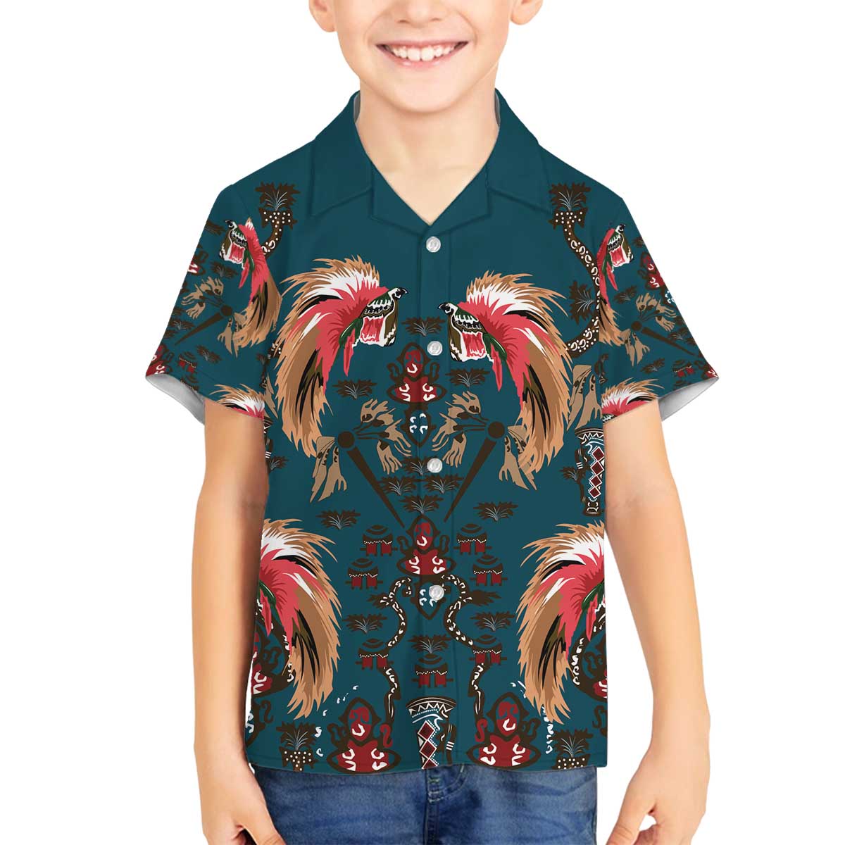 Dark Cyan Blue Bird of Batik Papua Family Matching Off The Shoulder Long Sleeve Dress and Hawaiian Shirt Exotic Natural Wealth of Papua - Polynesian Pride