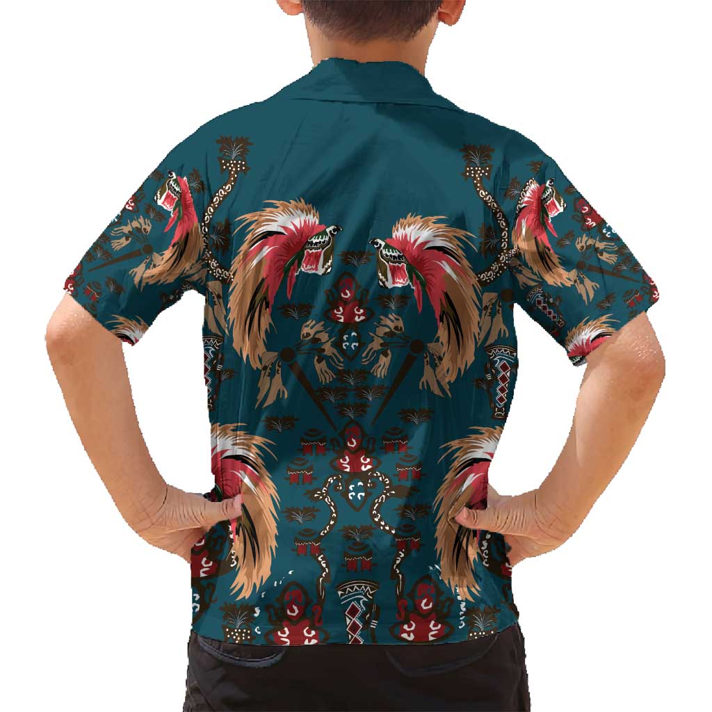 Dark Cyan Blue Bird of Batik Papua Family Matching Off Shoulder Maxi Dress and Hawaiian Shirt Exotic Natural Wealth of Papua - Polynesian Pride