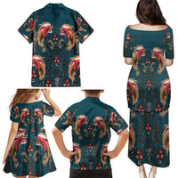 Dark Cyan Blue Bird of Batik Papua Family Matching Puletasi and Hawaiian Shirt Exotic Natural Wealth of Papua - Polynesian Pride