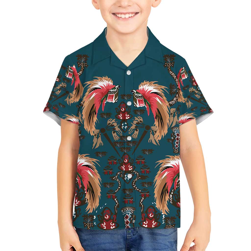 Dark Cyan Blue Bird of Batik Papua Family Matching Summer Maxi Dress and Hawaiian Shirt Exotic Natural Wealth of Papua - Polynesian Pride