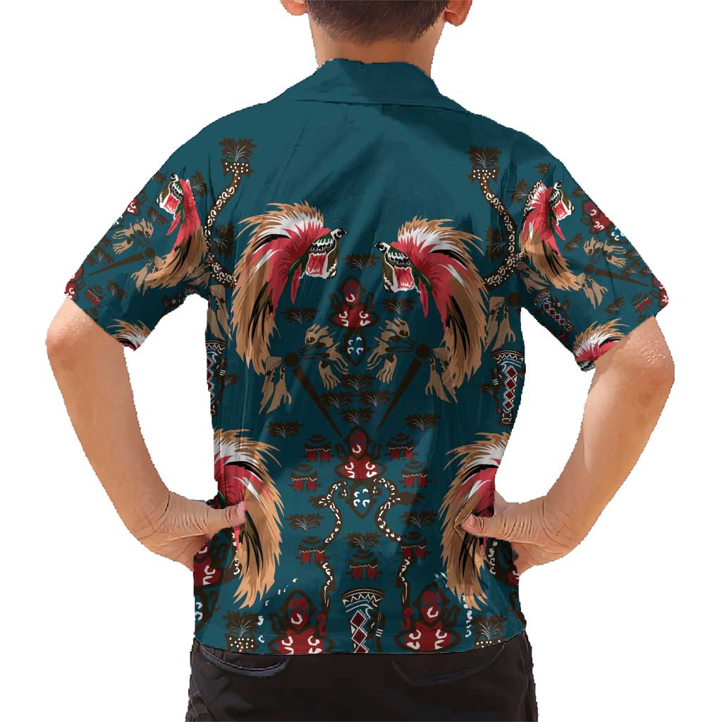 Dark Cyan Blue Bird of Batik Papua Kid Hawaiian Shirt Exotic Natural Wealth of Papua - Polynesian Pride