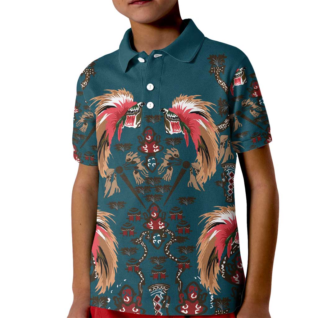 Dark Cyan Blue Bird of Batik Papua Kid Polo Shirt Exotic Natural Wealth of Papua - Polynesian Pride