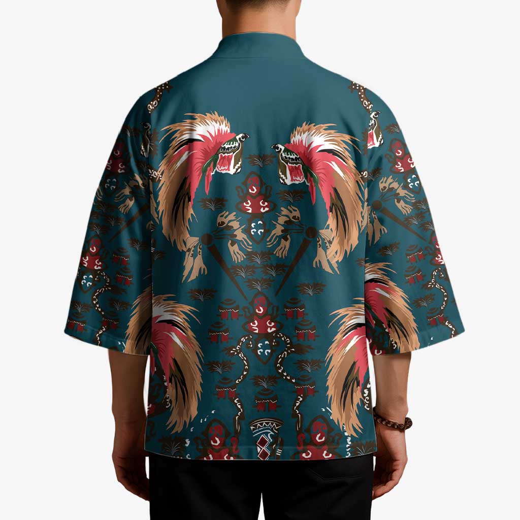 Dark Cyan Blue Bird of Batik Papua Kimono Exotic Natural Wealth of Papua - Polynesian Pride