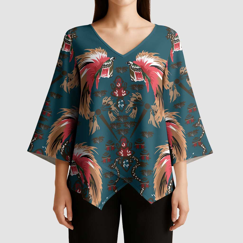 Dark Cyan Blue Bird of Batik Papua Kimono Sleeve Blouse Exotic Natural Wealth of Papua - Polynesian Pride