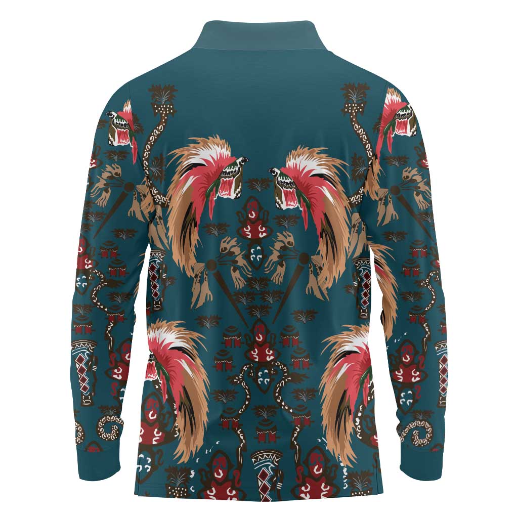 Dark Cyan Blue Bird of Batik Papua Long Sleeve Polo Shirt Exotic Natural Wealth of Papua - Polynesian Pride