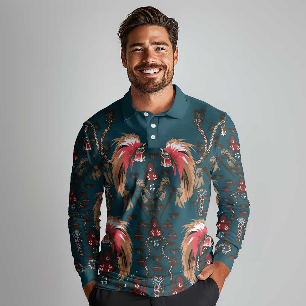 Dark Cyan Blue Bird of Batik Papua Long Sleeve Polo Shirt Exotic Natural Wealth of Papua - Polynesian Pride