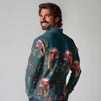 Dark Cyan Blue Bird of Batik Papua Long Sleeve Polo Shirt Exotic Natural Wealth of Papua - Polynesian Pride