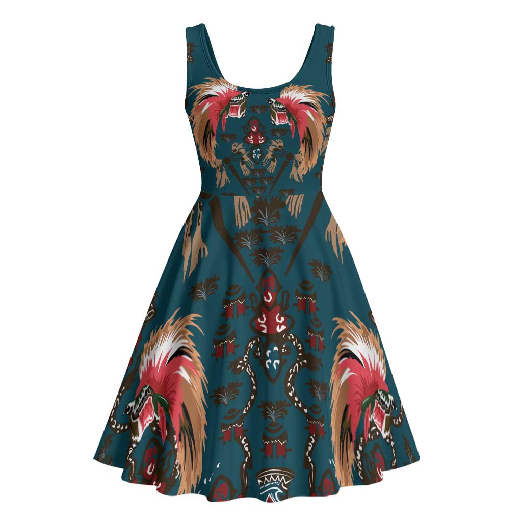 Dark Cyan Blue Bird of Batik Papua Midi Dress Exotic Natural Wealth of Papua - Polynesian Pride