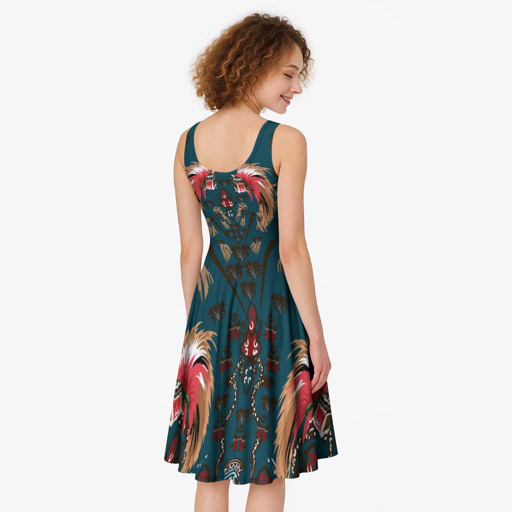 Dark Cyan Blue Bird of Batik Papua Midi Dress Exotic Natural Wealth of Papua - Polynesian Pride