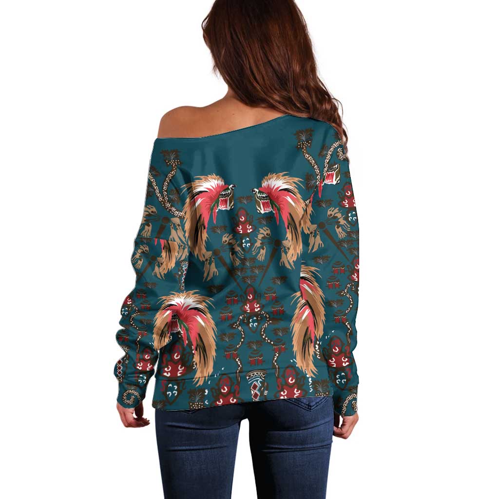 Dark Cyan Blue Bird of Batik Papua Off Shoulder Sweater Exotic Natural Wealth of Papua - Polynesian Pride