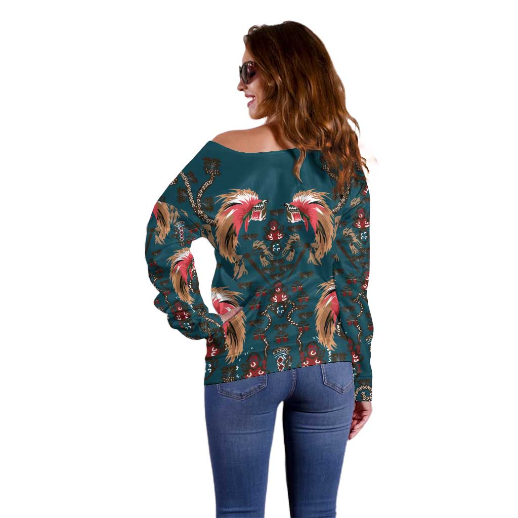 Dark Cyan Blue Bird of Batik Papua Off Shoulder Sweater Exotic Natural Wealth of Papua - Polynesian Pride