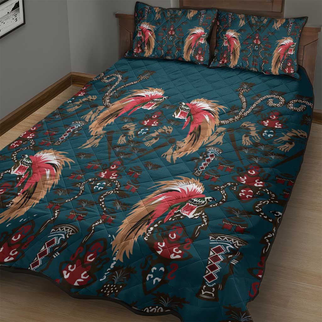 Dark Cyan Blue Bird of Batik Papua Quilt Bed Set Exotic Natural Wealth of Papua - Polynesian Pride