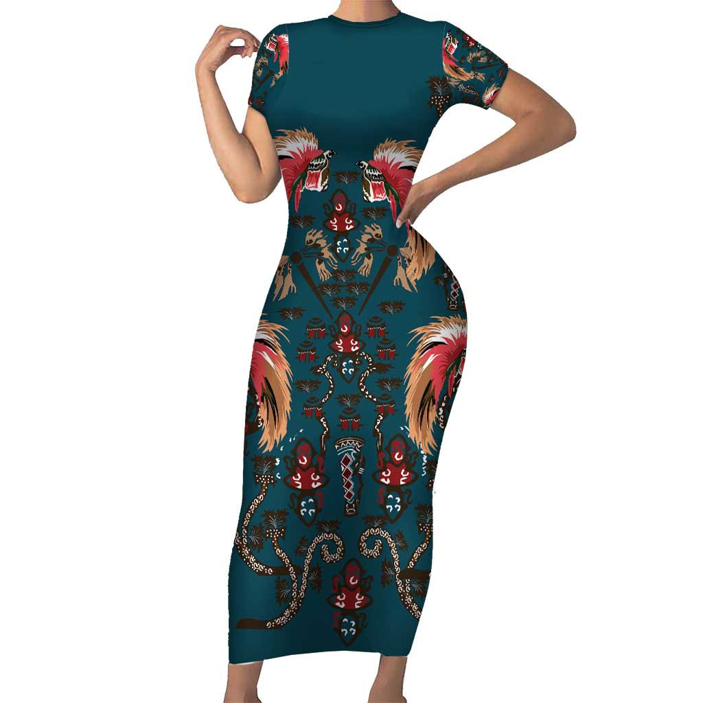 Dark Cyan Blue Bird of Batik Papua Short Sleeve Bodycon Dress Exotic Natural Wealth of Papua - Polynesian Pride