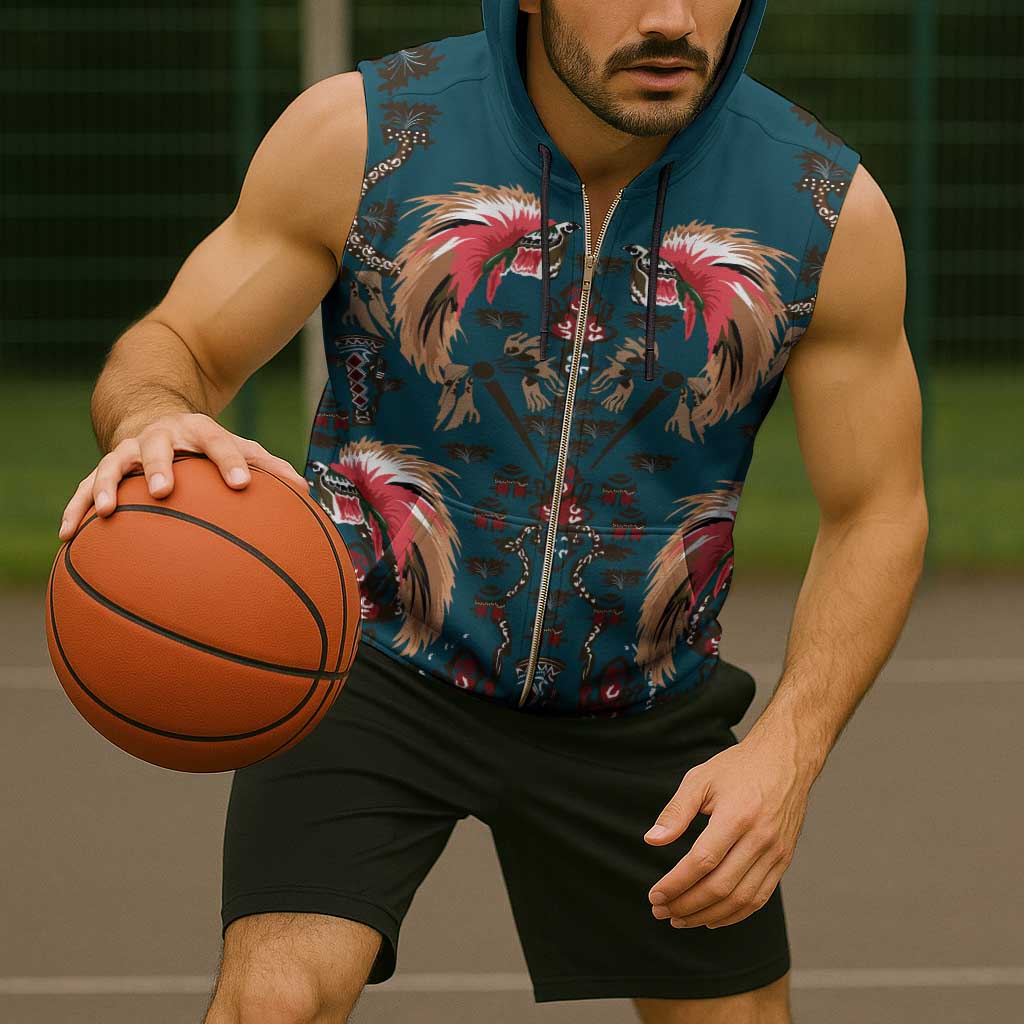 Dark Cyan Blue Bird of Batik Papua Sleeveless Zip Hoodie Exotic Natural Wealth of Papua - Polynesian Pride