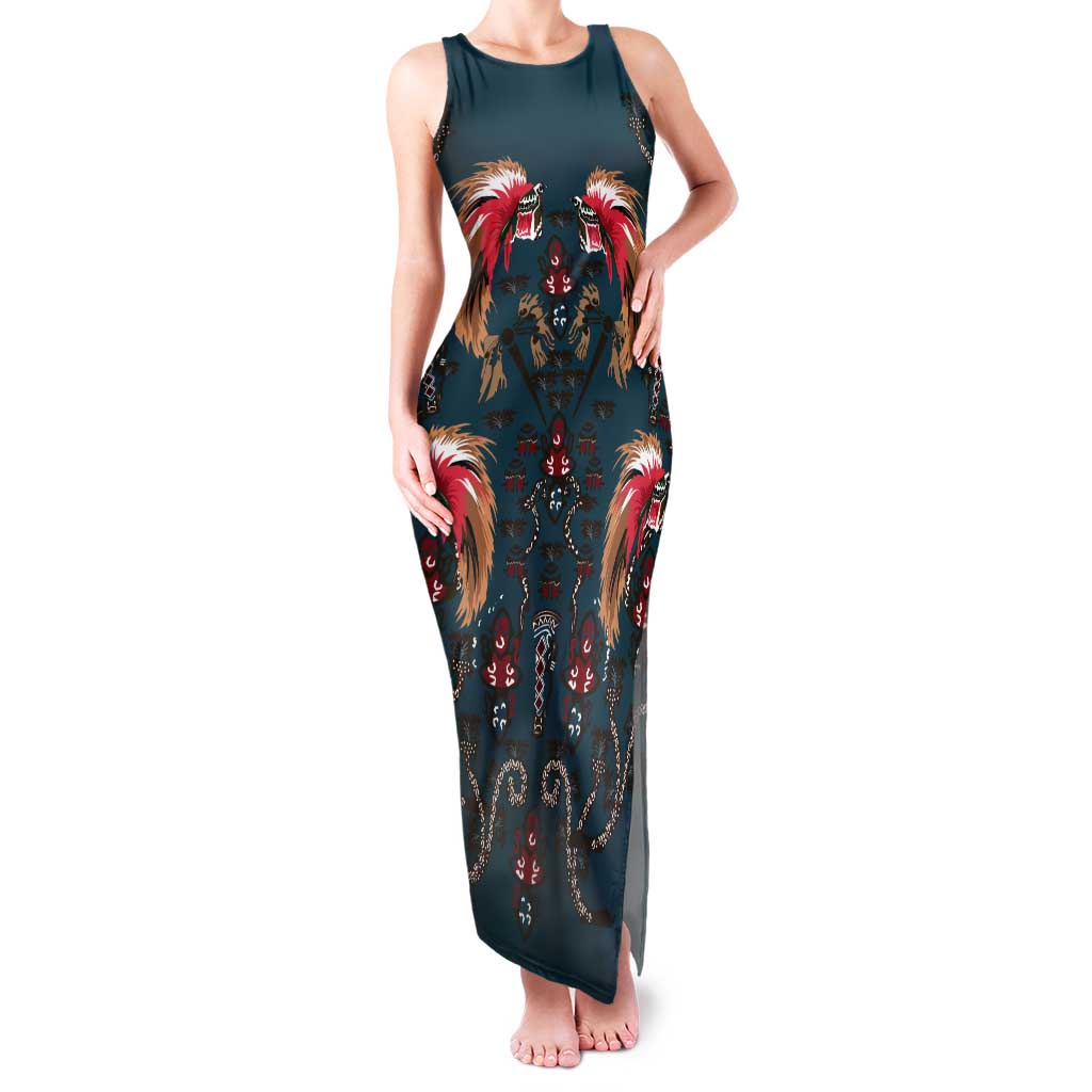 Dark Cyan Blue Bird of Batik Papua Tank Maxi Dress Exotic Natural Wealth of Papua - Polynesian Pride