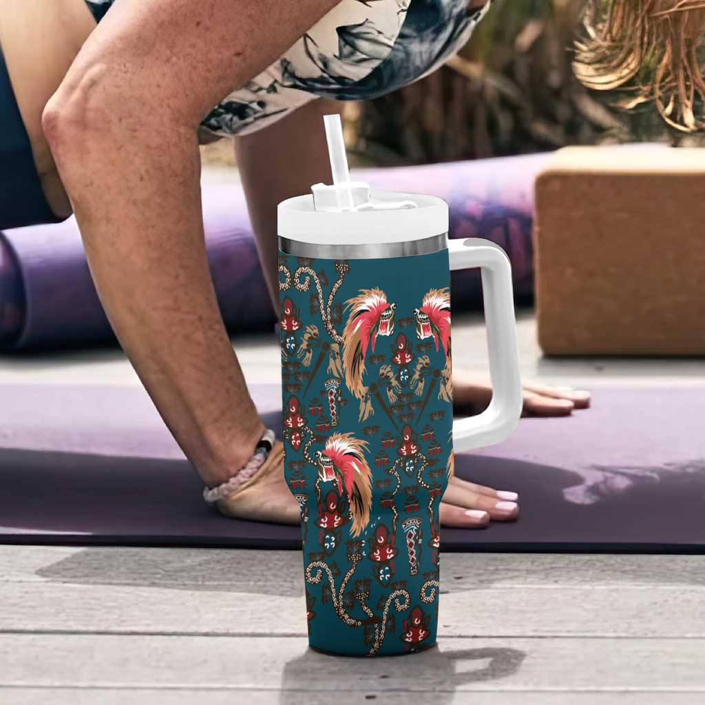 Dark Cyan Blue Bird of Batik Papua Tumbler With Handle Exotic Natural Wealth of Papua - Polynesian Pride