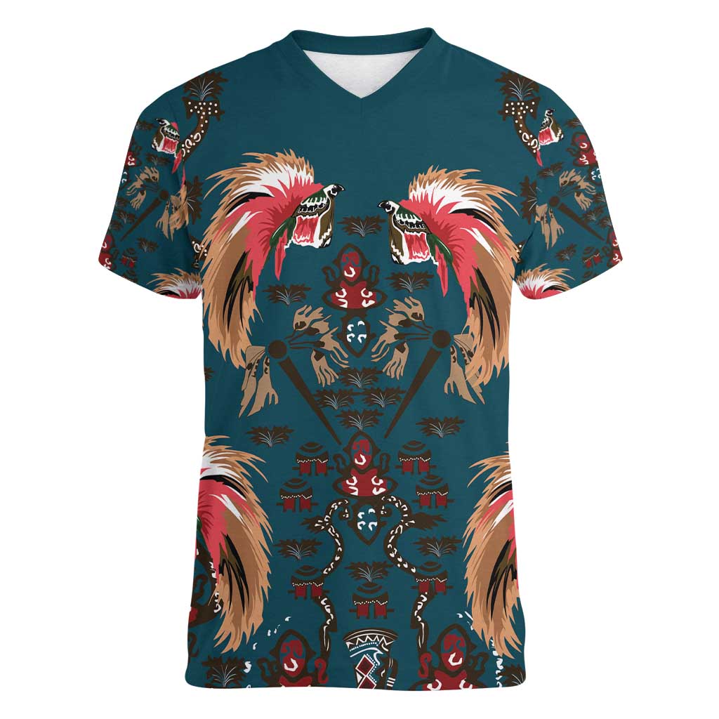 Dark Cyan Blue Bird of Batik Papua Women V-Neck T-Shirt Exotic Natural Wealth of Papua - Polynesian Pride
