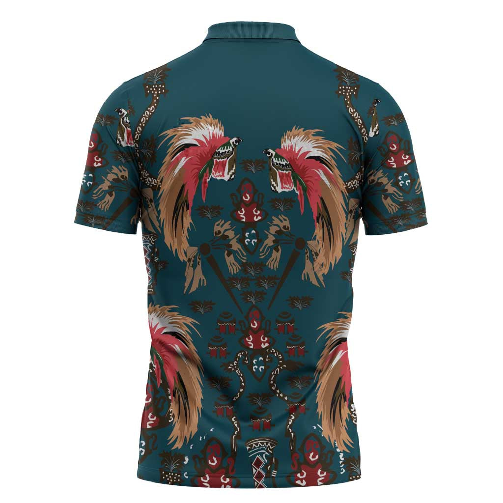 Dark Cyan Blue Bird of Batik Papua Zipper Polo Shirt Exotic Natural Wealth of Papua - Polynesian Pride