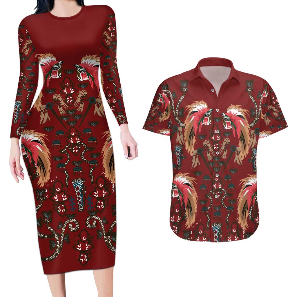 Oxblood Bird of Batik Papua Couples Matching Long Sleeve Bodycon Dress and Hawaiian Shirt Exotic Natural Wealth of Papua - Polynesian Pride
