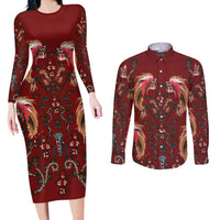Oxblood Bird of Batik Papua Couples Matching Long Sleeve Bodycon Dress and Long Sleeve Button Shirt Exotic Natural Wealth of Papua - Polynesian Pride