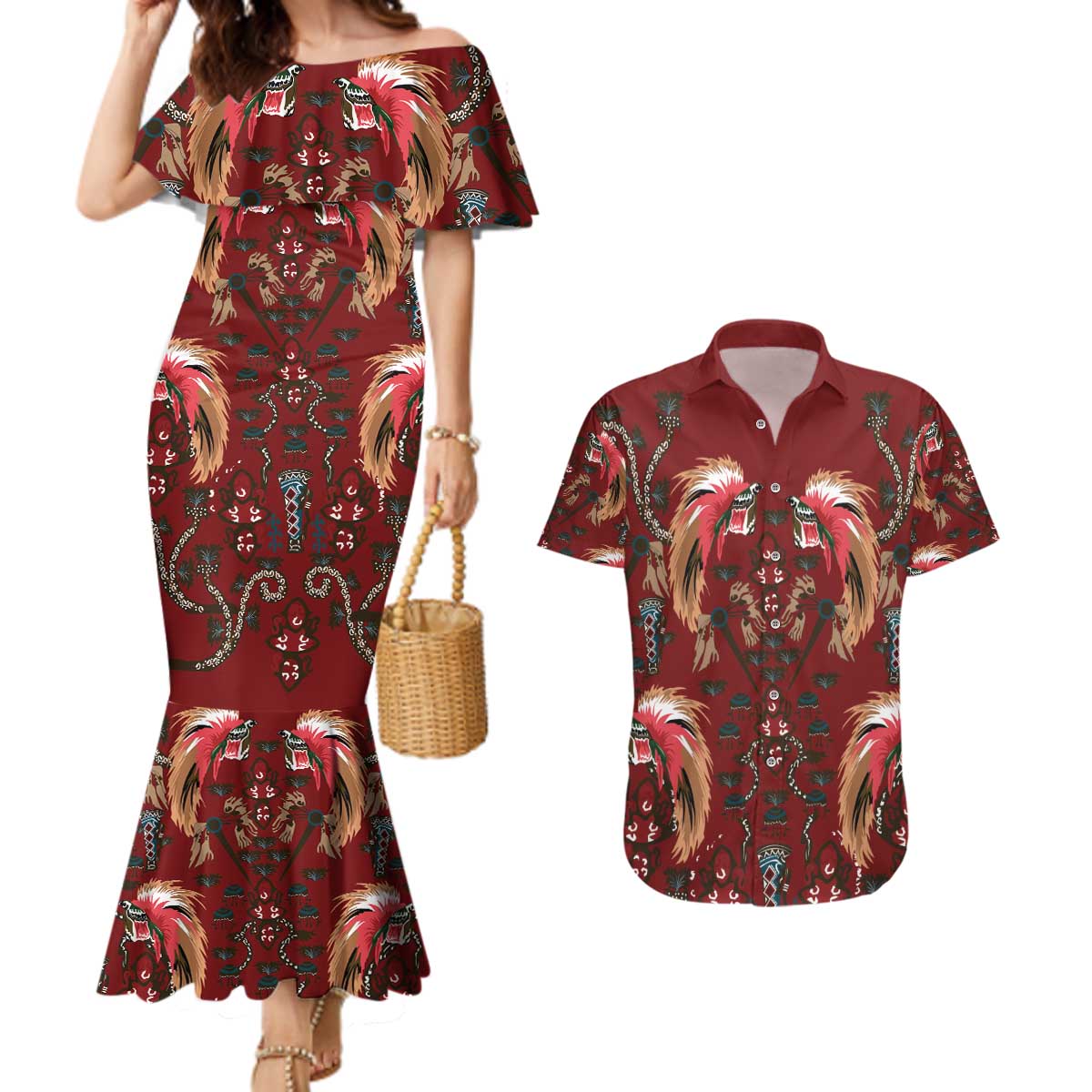 Oxblood Bird of Batik Papua Couples Matching Mermaid Dress and Hawaiian Shirt Exotic Natural Wealth of Papua - Polynesian Pride