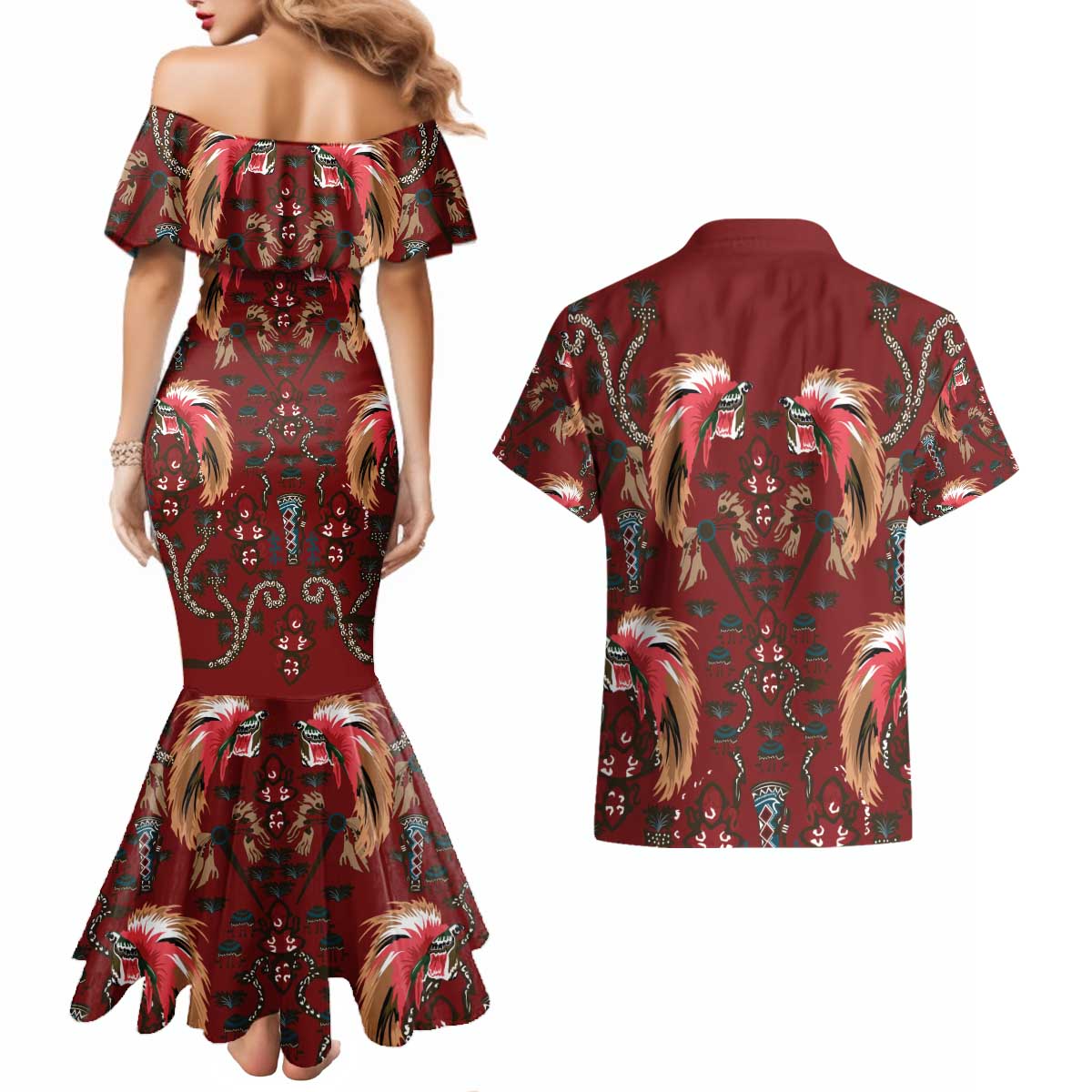 Oxblood Bird of Batik Papua Couples Matching Mermaid Dress and Hawaiian Shirt Exotic Natural Wealth of Papua - Polynesian Pride