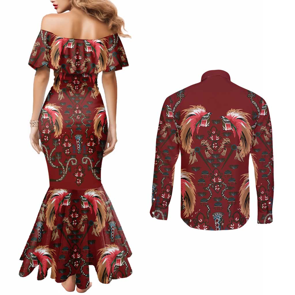 Oxblood Bird of Batik Papua Couples Matching Mermaid Dress and Long Sleeve Button Shirt Exotic Natural Wealth of Papua - Polynesian Pride