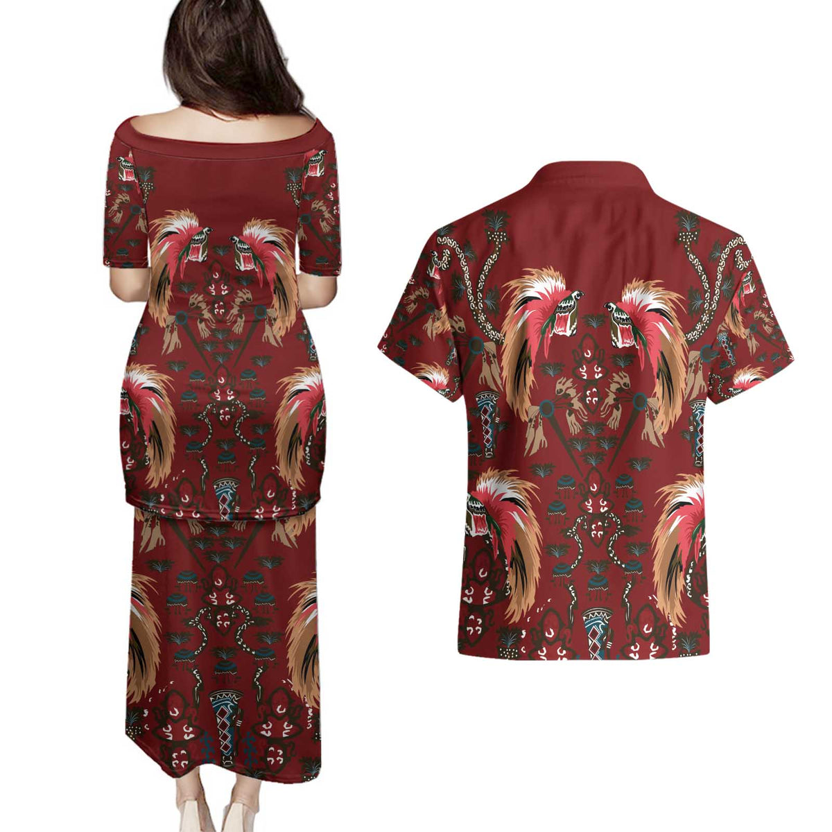 Oxblood Bird of Batik Papua Couples Matching Puletasi and Hawaiian Shirt Exotic Natural Wealth of Papua - Polynesian Pride