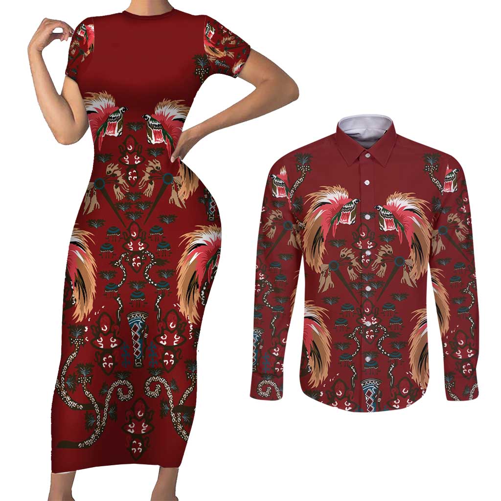 Oxblood Bird of Batik Papua Couples Matching Short Sleeve Bodycon Dress and Long Sleeve Button Shirt Exotic Natural Wealth of Papua - Polynesian Pride