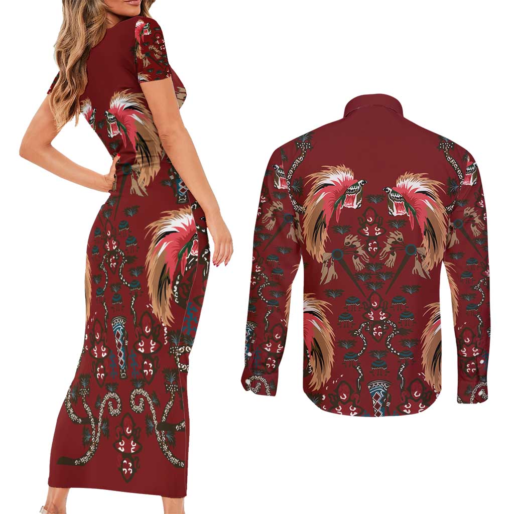 Oxblood Bird of Batik Papua Couples Matching Short Sleeve Bodycon Dress and Long Sleeve Button Shirt Exotic Natural Wealth of Papua - Polynesian Pride