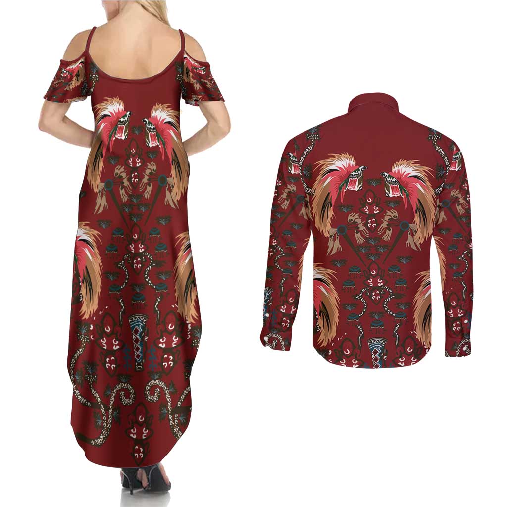 Oxblood Bird of Batik Papua Couples Matching Summer Maxi Dress and Long Sleeve Button Shirt Exotic Natural Wealth of Papua - Polynesian Pride