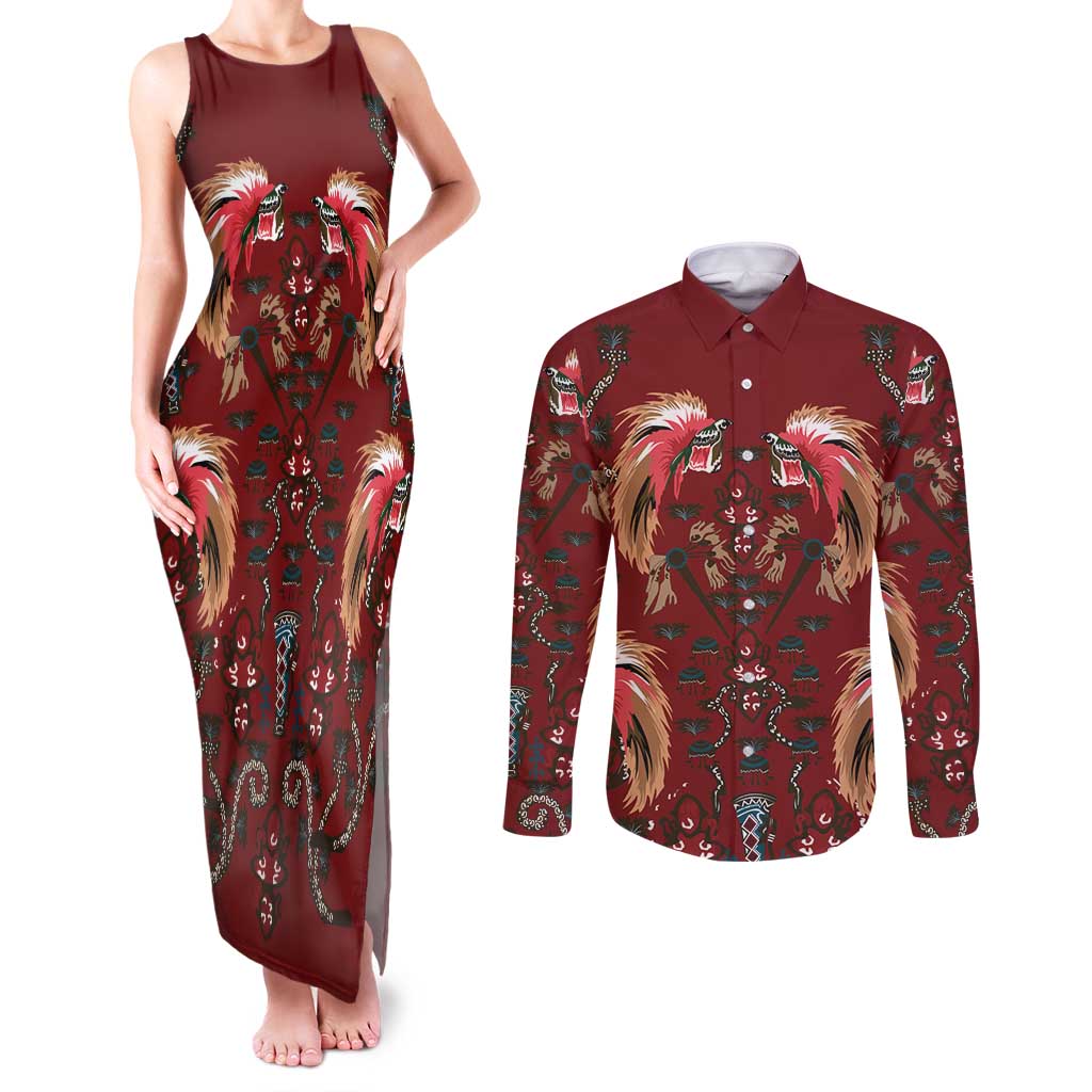 Oxblood Bird of Batik Papua Couples Matching Tank Maxi Dress and Long Sleeve Button Shirt Exotic Natural Wealth of Papua - Polynesian Pride