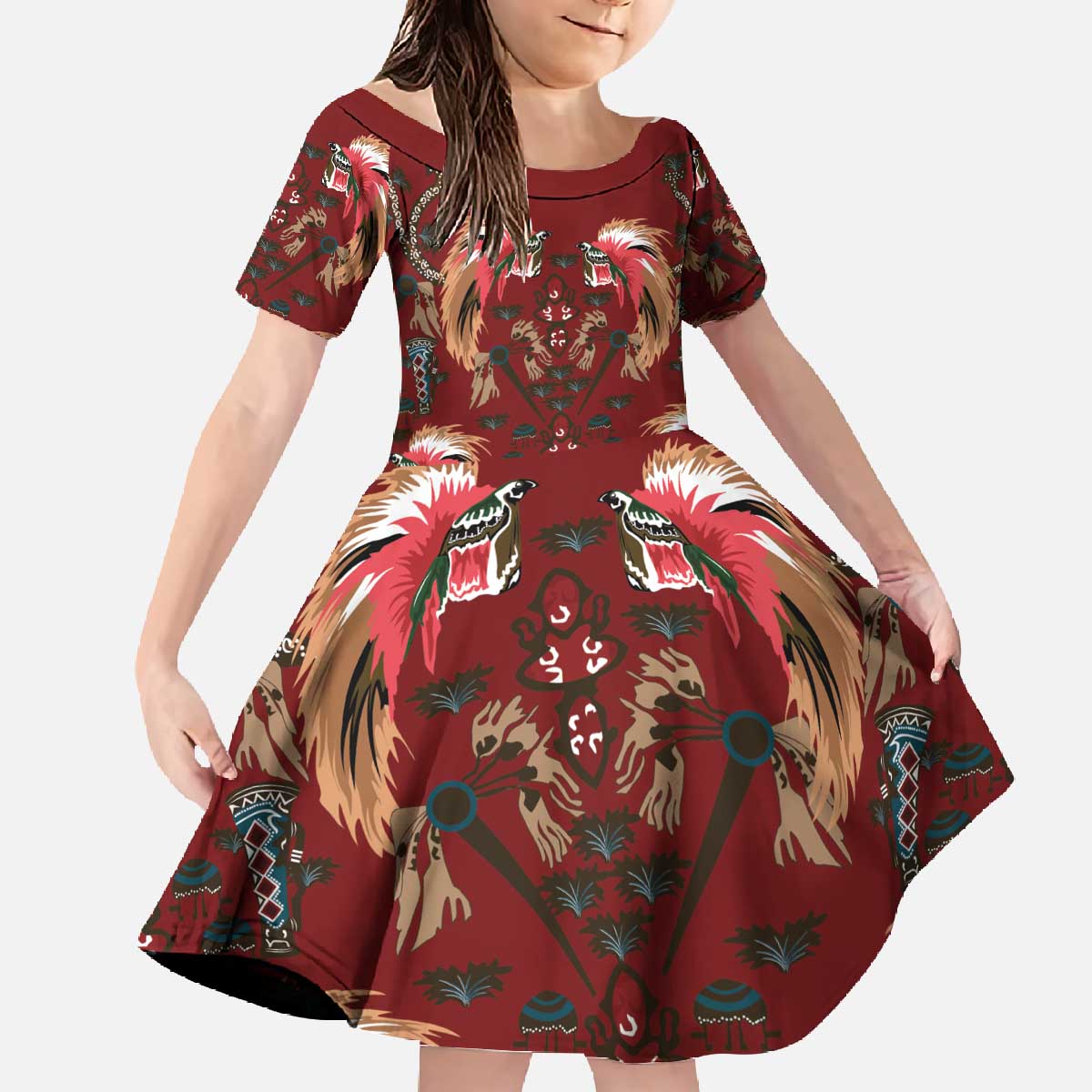 Oxblood Bird of Batik Papua Family Matching Off The Shoulder Long Sleeve Dress and Hawaiian Shirt Exotic Natural Wealth of Papua - Polynesian Pride