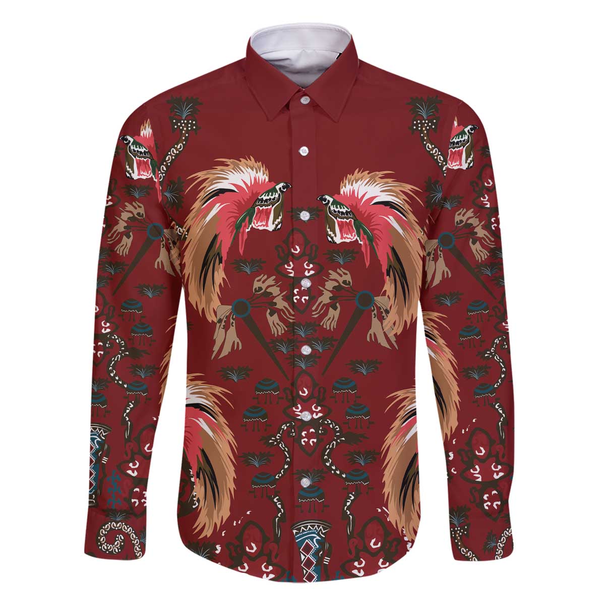 Oxblood Bird of Batik Papua Family Matching Off The Shoulder Long Sleeve Dress and Hawaiian Shirt Exotic Natural Wealth of Papua - Polynesian Pride