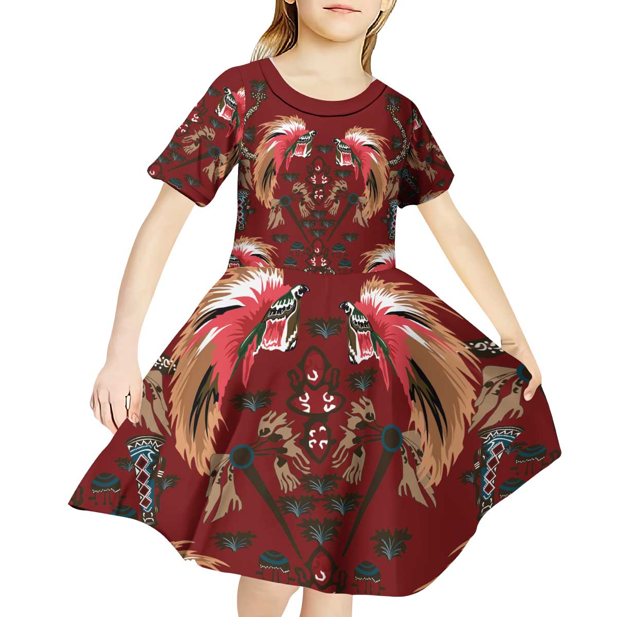Oxblood Bird of Batik Papua Kid Short Sleeve Dress Exotic Natural Wealth of Papua - Polynesian Pride