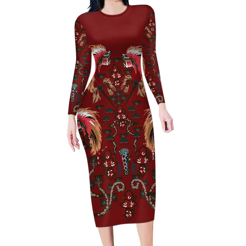 Oxblood Bird of Batik Papua Long Sleeve Bodycon Dress Exotic Natural Wealth of Papua - Polynesian Pride