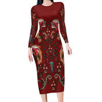 Oxblood Bird of Batik Papua Long Sleeve Bodycon Dress Exotic Natural Wealth of Papua - Polynesian Pride