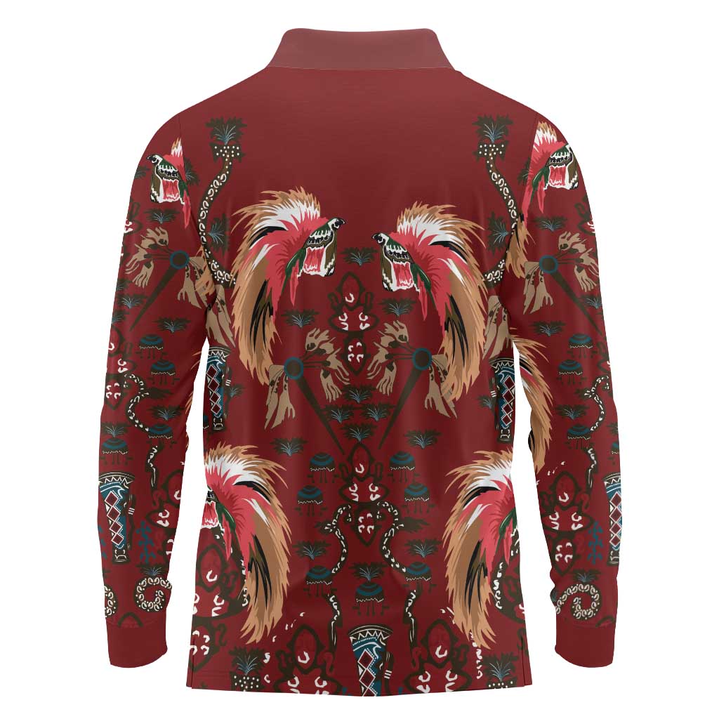 Oxblood Bird of Batik Papua Long Sleeve Polo Shirt Exotic Natural Wealth of Papua - Polynesian Pride