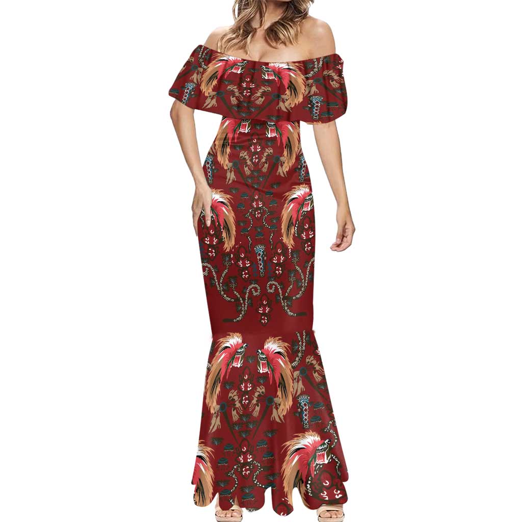 Oxblood Bird of Batik Papua Mermaid Dress Exotic Natural Wealth of Papua - Polynesian Pride