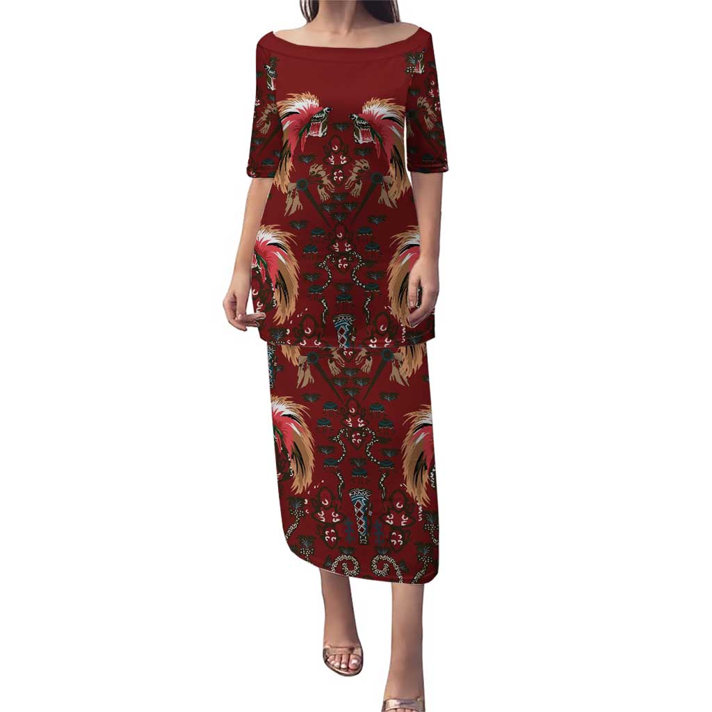 Oxblood Bird of Batik Papua Puletasi Exotic Natural Wealth of Papua LT9 Long Dress Red - Polynesian Pride