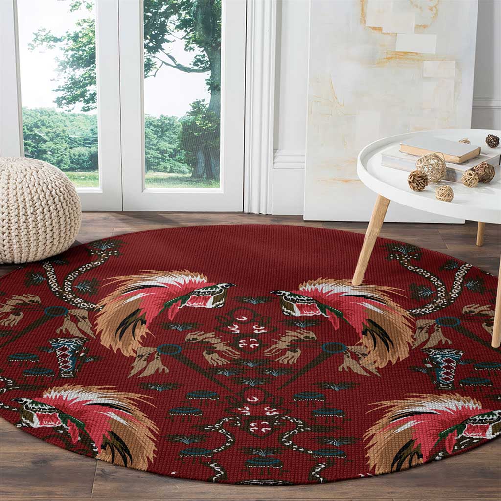 Oxblood Bird of Batik Papua Round Carpet Exotic Natural Wealth of Papua - Polynesian Pride