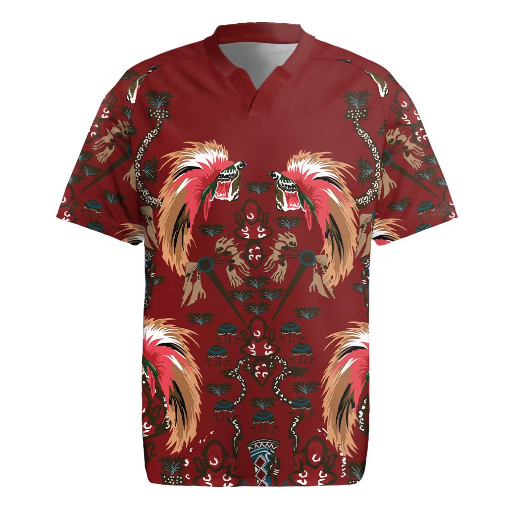 Oxblood Bird of Batik Papua Rugby Jersey Exotic Natural Wealth of Papua LT9 Red - Polynesian Pride