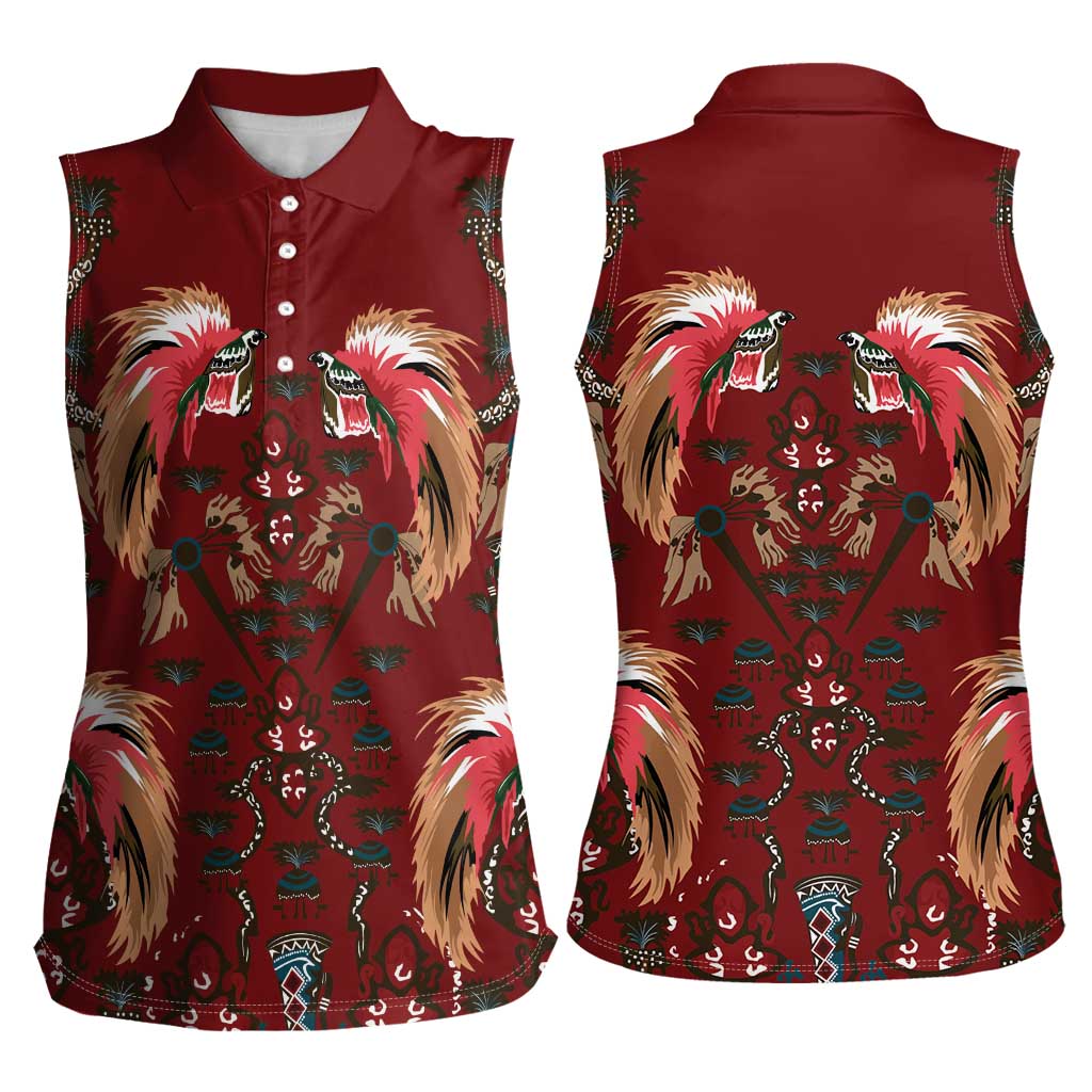 Oxblood Bird of Batik Papua Women Sleeveless Polo Shirt Exotic Natural Wealth of Papua - Polynesian Pride