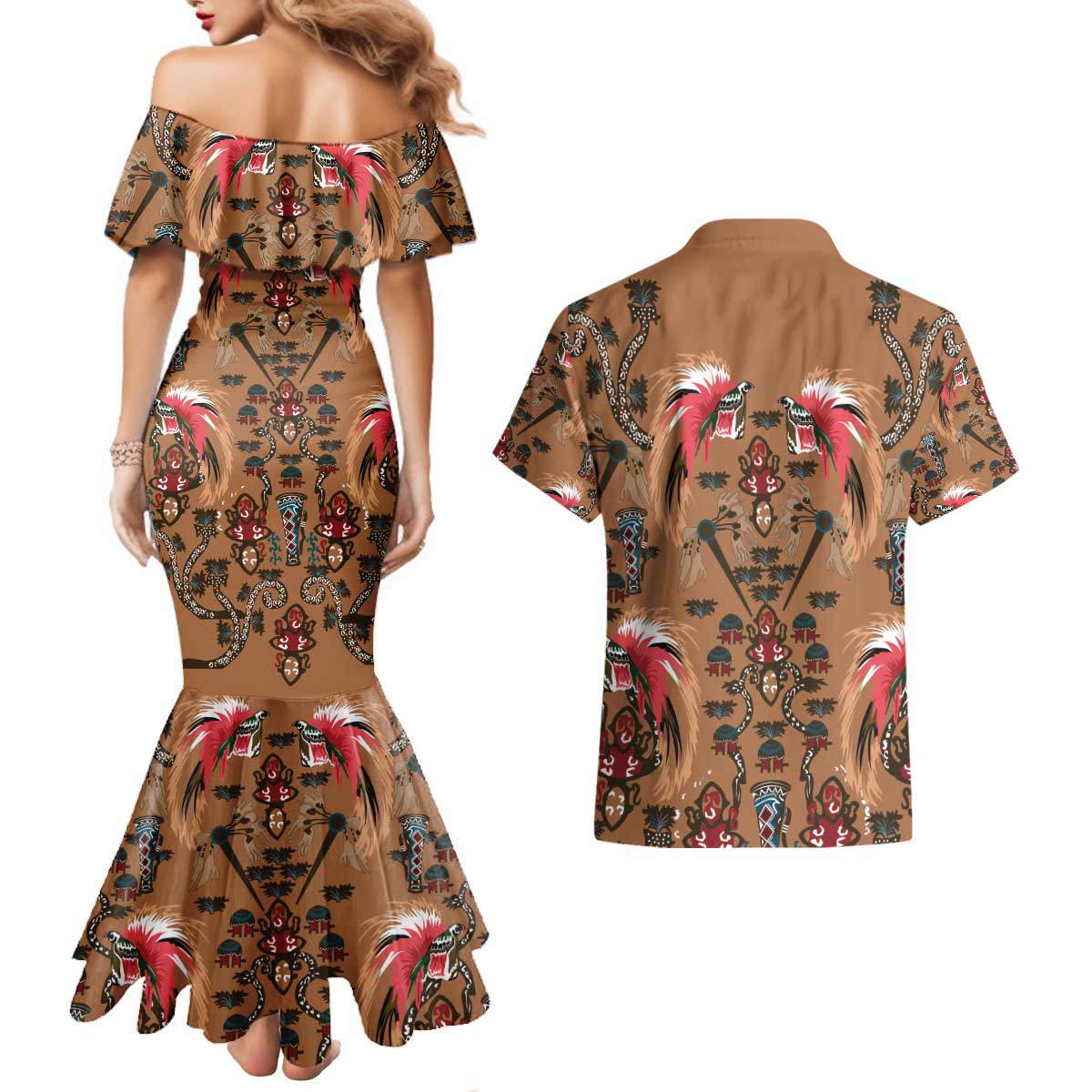 Terracotta Bird of Batik Papua Couples Matching Mermaid Dress and Hawaiian Shirt Exotic Natural Wealth of Papua - Polynesian Pride