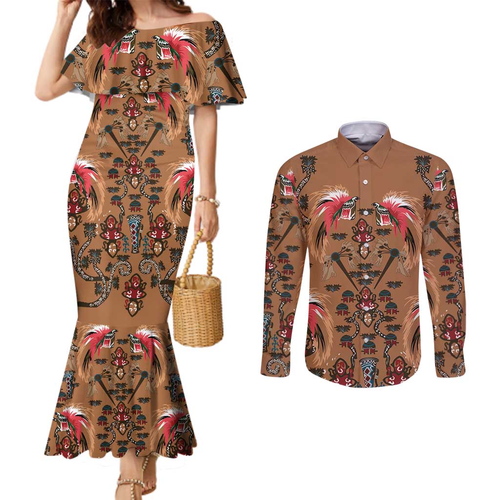 Terracotta Bird of Batik Papua Couples Matching Mermaid Dress and Long Sleeve Button Shirt Exotic Natural Wealth of Papua - Polynesian Pride