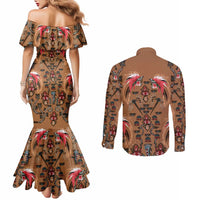 Terracotta Bird of Batik Papua Couples Matching Mermaid Dress and Long Sleeve Button Shirt Exotic Natural Wealth of Papua - Polynesian Pride