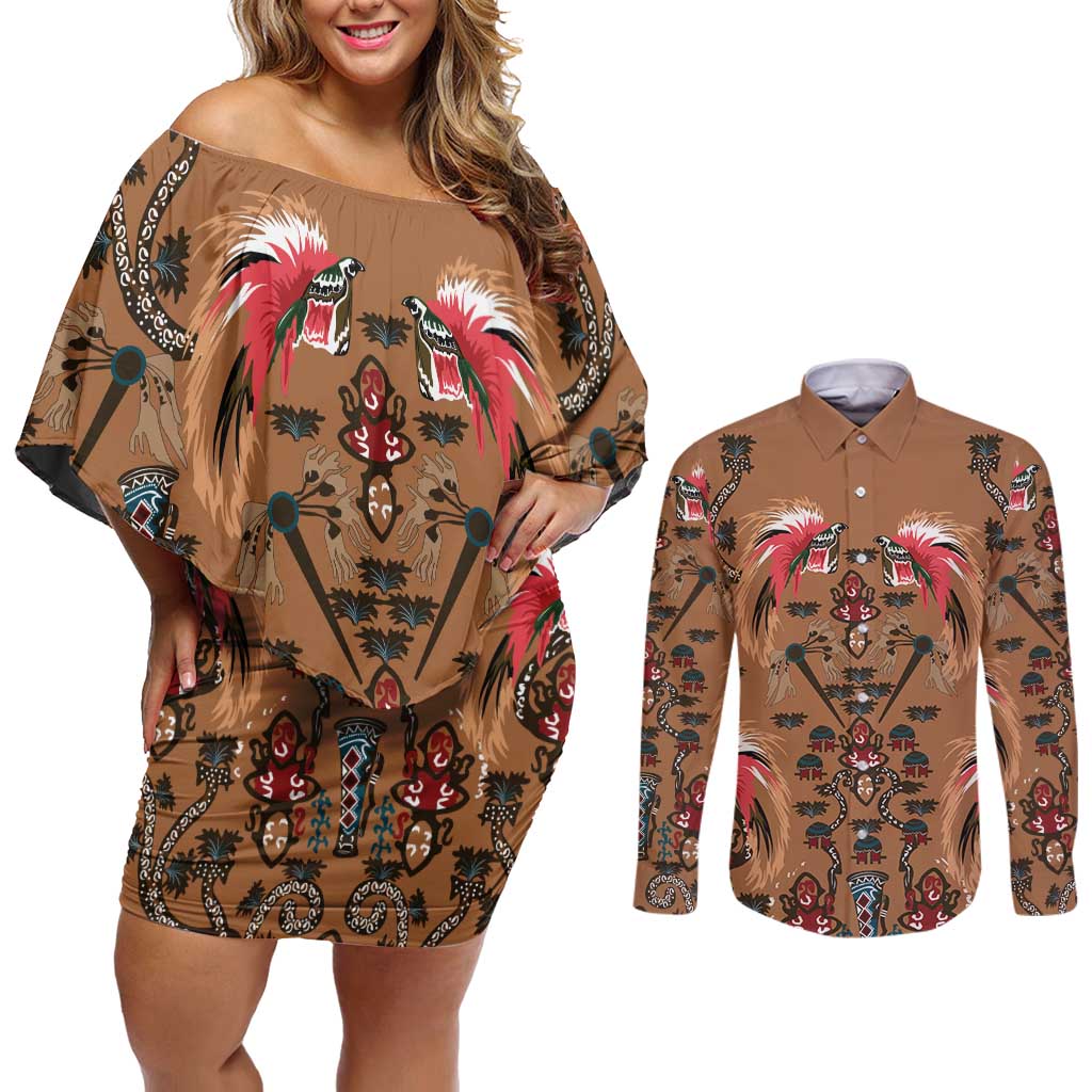Terracotta Bird of Batik Papua Couples Matching Off Shoulder Short Dress and Long Sleeve Button Shirt Exotic Natural Wealth of Papua - Polynesian Pride