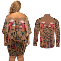 Terracotta Bird of Batik Papua Couples Matching Off Shoulder Short Dress and Long Sleeve Button Shirt Exotic Natural Wealth of Papua - Polynesian Pride