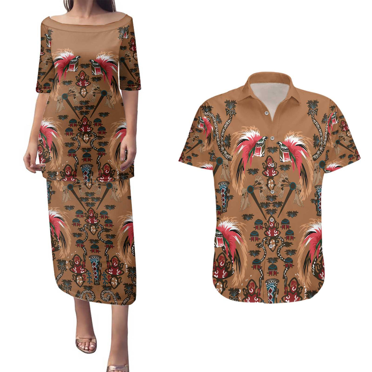Terracotta Bird of Batik Papua Couples Matching Puletasi and Hawaiian Shirt Exotic Natural Wealth of Papua - Polynesian Pride